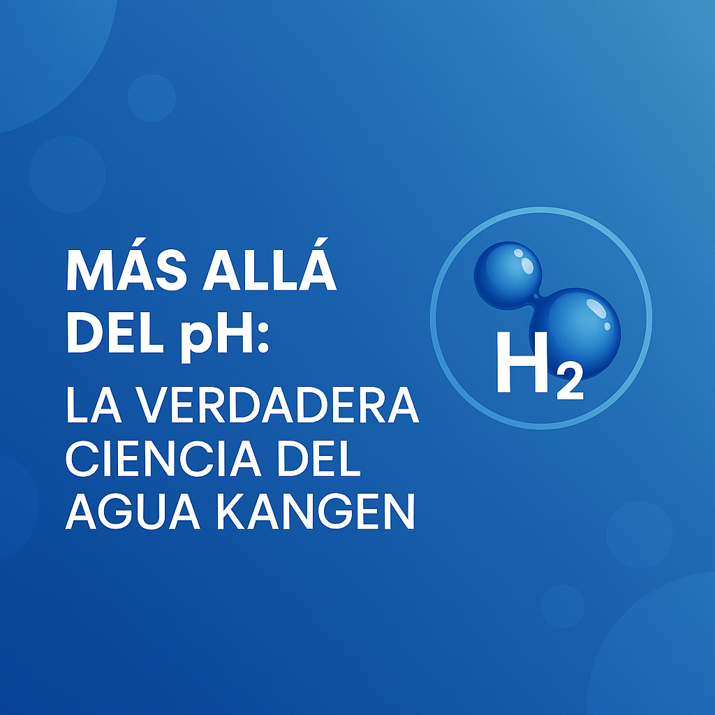 Portada de un artículo de blog titulada 'Más Allá del pH: La Verdadera Ciencia del Agua Kangen' con un ícono de moléculas de H2.